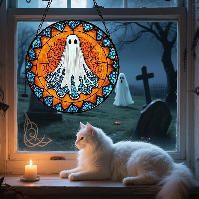 Stained Glass Window Hanging - Halloween Decorations White Ghost Suncatcher for Doors Garden Indoor Spooky Funny Blue Sun Catchers Gothic Decor Horror Gifts for Women Men Friend 6.3 in
