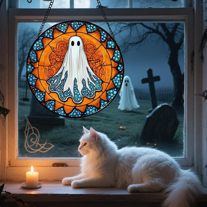 Stained Glass Window Hanging - Halloween Decorations White Ghost Suncatcher for Doors Garden Indoor Spooky Funny Blue Sun Catchers Gothic Decor Horror Gifts for Women Men Friend 7.8 in