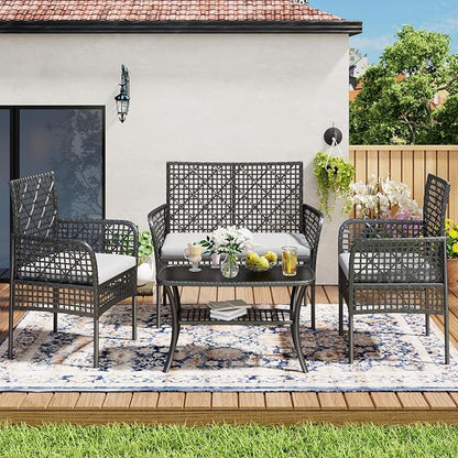 4-Piece Patio Furniture Set, Weather-Resistant Rattan Patio Conversation Set with Two-Tier Coffee Table, Upholstered Openwork Wicker Furniture for Porch, Garden, Lawn, Gray