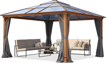 TOOLPORT Hardtop Gazebo 13x13 ft with Polycarbonate Roof - Wood-Like Finish - 4 Side Panels in Gray