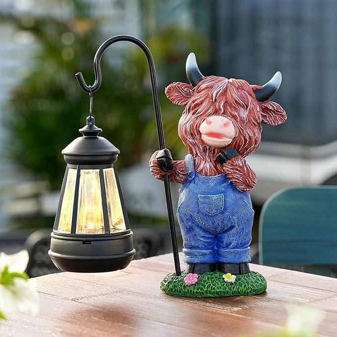 Solar Highland Cow Statue for Garden Decor: Outdoor Highland Cattle Sculpture with Lantern Clearance for Yard Balcony Lawn Patio Ornaments - Gifts for Mom Women Grandma