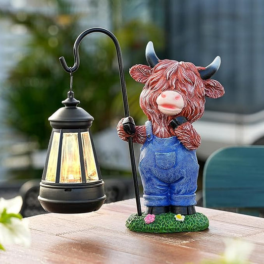 Solar Highland Cow Statue for Garden Decor: Outdoor Highland Cattle Sculpture with Lantern Clearance for Yard Balcony Lawn Patio Ornaments - Gifts for Mom Women Grandma