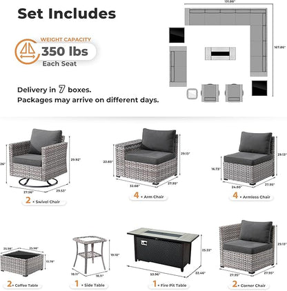 ovios 16 Pieces Patio Furniture Set, Outdoor Wicker Sectional Sofa with 54" Fire Pit Table Swivel Chairs, Modern Modular Deep Seat Rattan Couch Conversation Sets, Black