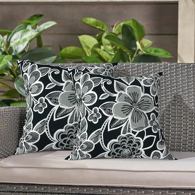 LVTXIII Outdoor Throw Pillows, Decorative Throw Pillows with Inserts, 16"x16" Square Pillows for Bed, Couch, Sofa and Patio Furniture, Set of 2, Flower Black