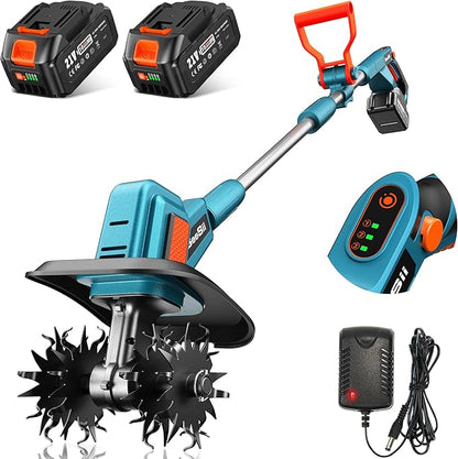 SEESII Electric Tiller for Gardening 300 RPM Rototiller Cordless Cultivator Total 8000mAh Battery Powered Garden Tiller 4 Pcs Blades for Smooth Tilling&Cleaning, Handheld Tiller for Raised Garden Beds