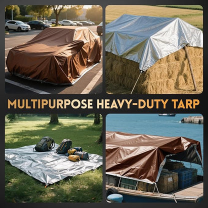 Tarp 6x8 ft Heavy Duty 10mil Silver/Brown 100% Waterproof High Durability Multipurpose Outdoor Tarpaulin,Uv Resistant,for Courtyards,Camping, Canopy, Trailer, Boats, Camping, Etc -by MVPNET