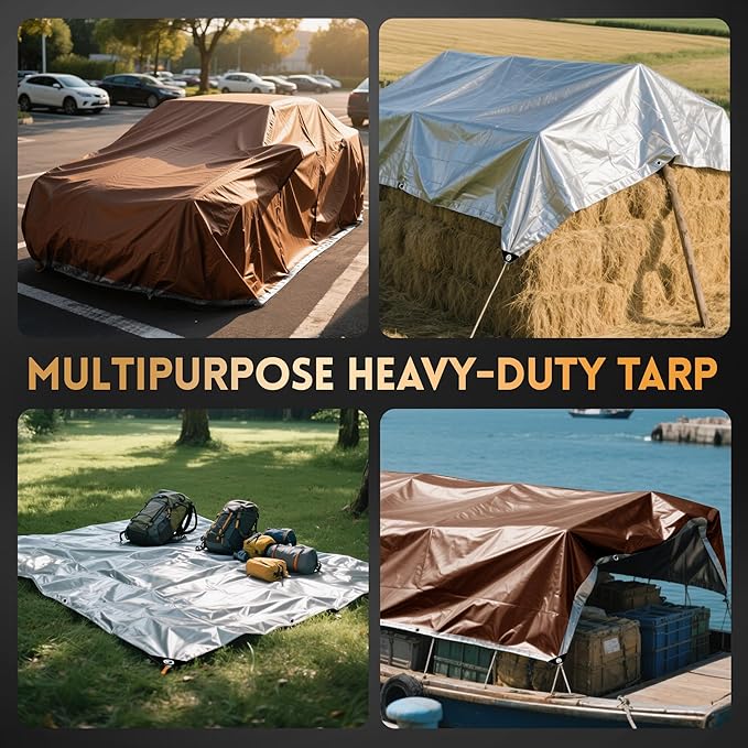 Tarp 15x15 ft Heavy Duty 10mil Silver/Brown 100% Waterproof High Durability Multipurpose Outdoor Tarpaulin,Uv Resistant,for Courtyards,Camping, Canopy, Trailer, Boats, Camping, Etc -by MVPNET