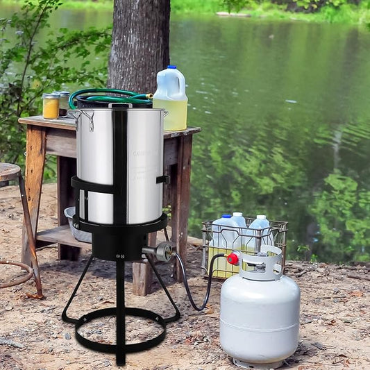 Turkey Deep Fryer 30 Qt, Mordern Outdoor Fryer, Aluminum Crawfish Boiler with Basket and Lid, 55000-Btu Propane Stove, Adjustable Firepower, Portable Seafood Boil Pot for Crab, Lobster, Shrimp, Silver
