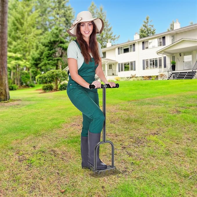 BeneLabel Manual Lawn Aerator Spike Tool with 8 Solid Spikes Handheld Grass Plug Aerators for Yard with Soft Rubber T-Handle Improving Lawn Health