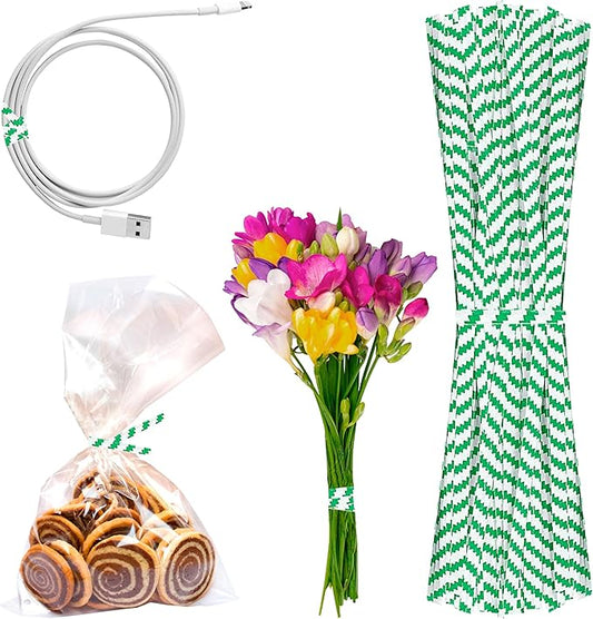 APQ Green and White Metallic Twist Ties for Bags, 4 inches. 24000 Pack Plastic-Coated Bread Twist Tie for Treat Bags. Reusable Bread Tie. Light Metallic Twist Tie. Heavy-Duty Twisty Ties for Bags