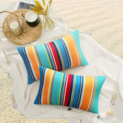 Pyonic Outdoor Lumbar Pillow Covers Set of 2 Waterproof Throw Pillow Covers Decorative Patio Pillows for Patio Tent Garden Beach,12x20 Inches,Color Stripe(Blue)
