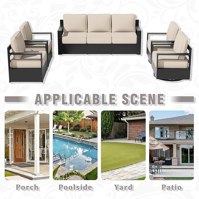 5 PCS Aluminum Patio Conversation Set - 3-Seater Sofa, 2 360° Swivel Chair, 2 Fixed Chair with 6" Thick Water-insistant Cushions, All-Weather Use Removable Cover, Ideal for Garden, Poolside (Beige)