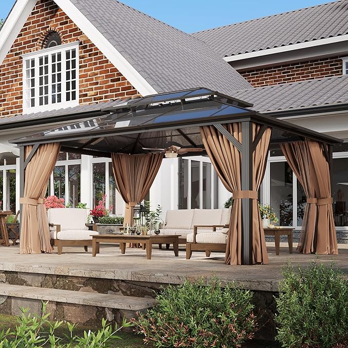 Aoxun 12'x16' Hardtop Gazebo, Aluminum Frame Permanent Pavilion with Netting and Curtains, Outdoor Polycarbonate Double Roof Canopy, Designed for Lawn, Garden, Patio (Khaki)