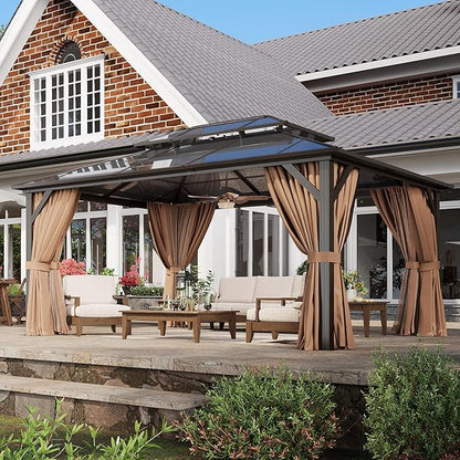 Aoxun 12'x16' Hardtop Gazebo, Aluminum Frame Permanent Pavilion with Netting and Curtains, Outdoor Polycarbonate Double Roof Canopy, Designed for Lawn, Garden, Patio (Khaki)
