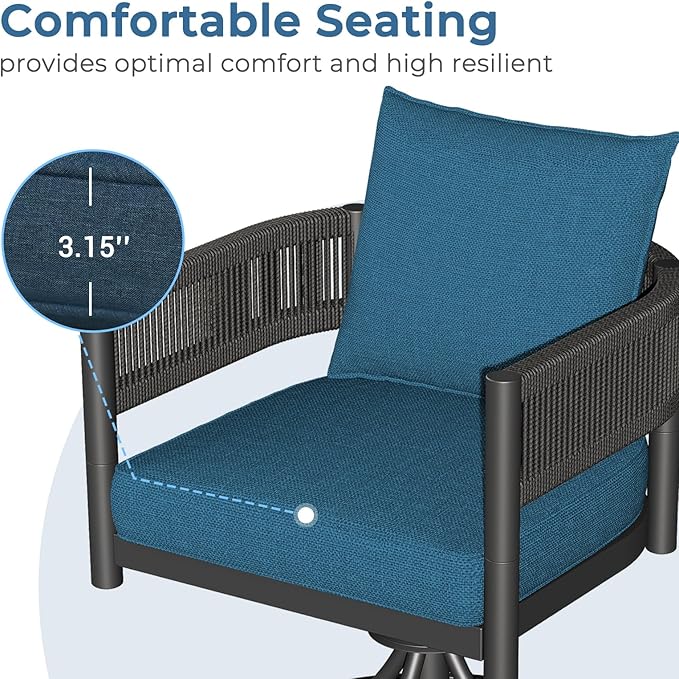 Grand patio Outdoor Dining Chairs Set of 4, 4 Pieces Patio Dining Chairs, Metal Woven Wicker Swivel Patio Chairs with Peacock Blue Cushions for Backyard, Deck, Garden, Porch, Lawn and Poolside (Brown)