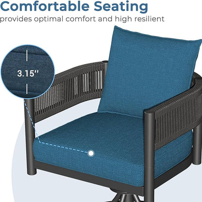 Grand patio Outdoor Dining Chair Set of 2, 2 Pieces Patio Dining Chairs, Metal Woven Wicker Swivel Patio Chairs with Peacock Blue Cushions for Backyard, Deck, Garden, Porch, Lawn and Poolside (Brown)