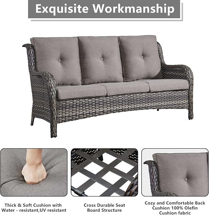Outdoor Wicker Patio Furniture Set - 5 Piece Rattan Patio Conversation Set with 2 Rocking Swivel Chairs,2 Ottomans and 1 Sofa for Porch Deck Backyard Garden(Mixed Grey/Grey)