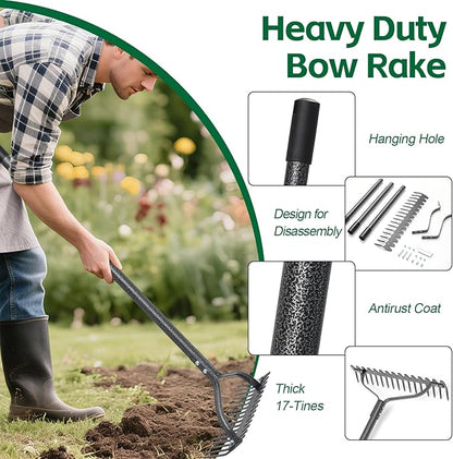 Thatch Rake, 63" Heavy Duty Metal Lawn Leveling Rake with 17 Tines, Garden Tool with Adjustable Long Handle for Looseing Soil, Weede Control