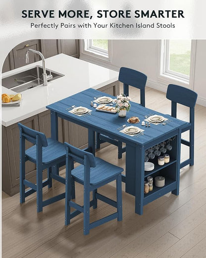 SERWALL Outdoor Bar Table and Chairs Set, 3-Piece HDPE Counter Height Patio Dining Sets with Storage and Wine Rack, Rectangular High Top Bar Table with 2 Bar Stools for Garden, Backyard, Blue