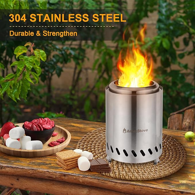 9.7 x 7.1 Inch Tabletop Fire Pit by AmazStove, Low Smoke Camping Stove for Outdoor Safe Burning Firepits, Fueled Pellets or Wood, Travel Bag Included (Silver, 9.7 x 7.1 INCH)