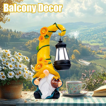 Birthday Gifts for Mom Grandma Woman 12" Solar Sunflower Gnome Garden Statues Honey Bee Jar Decor with LED Lantern Outdoor Gnomes Decorations Patio Yard Balcony Art
