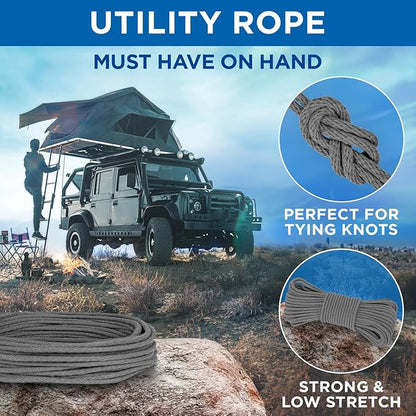 TECEUM Cotton Rope 3/16” (5 mm) – 100 FT – Strong All-Purpose Braided Rope – Natural Cotton – for Crafting, Сamping, Clothes Line, DIY, Indoor & Outdoor Use – Gray