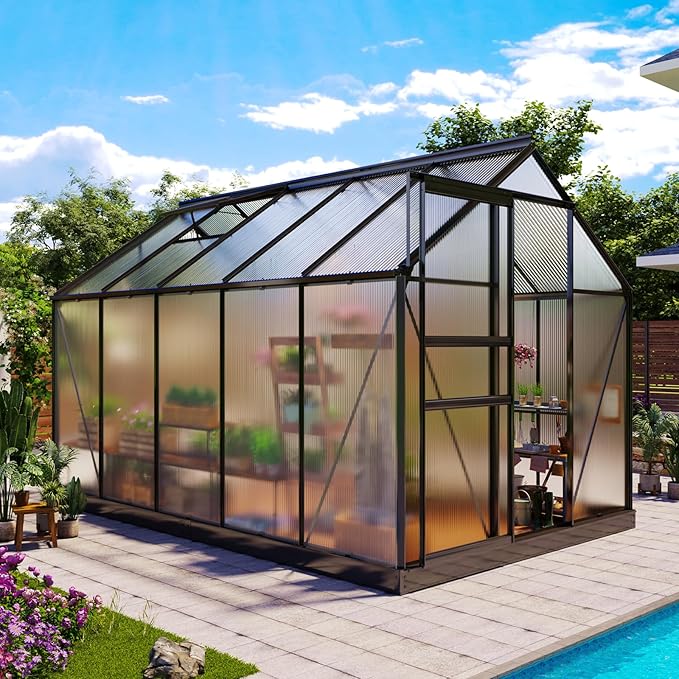 10x6ft Polycarbonate Greenhouse, Heavy Duty Walk-in Aluminum Greenhouse for Outdoors, Plants Backyard，with Ventilation Window, Rain Gutter, Sliding Door Black
