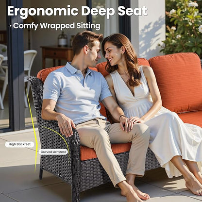 ovios 10 Pieces Patio Furniture Set, Outdoor Wicker Sofa Couch with Swivel Chairs 54" Fire Pit Table, High Back All Weather Modern Conversation Sets, Brown Rattan, Orange Red