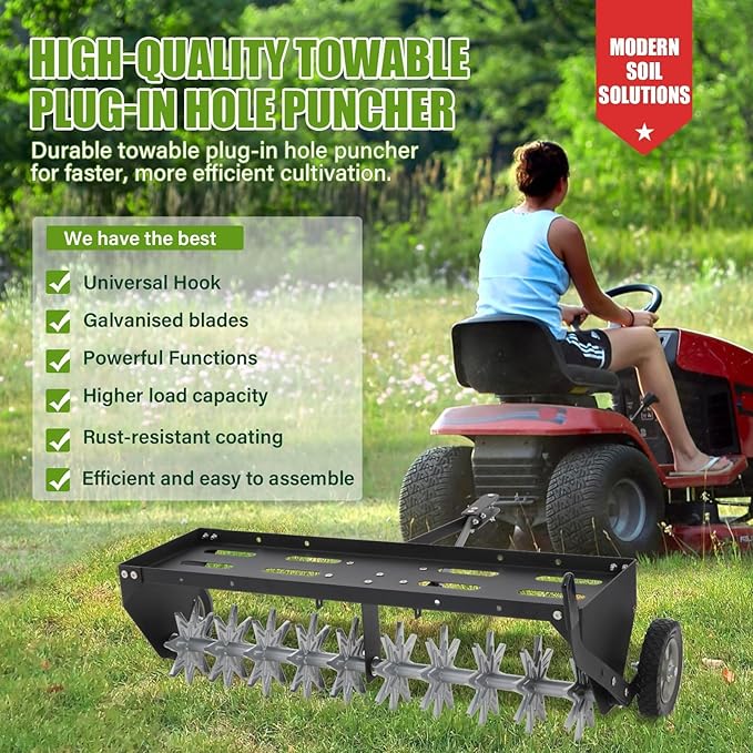 40" Tow Behind Spike Aerator with Galvanized Steel Tines and Extra-Wide Tow Bar, Tow Behind Plug Aerator with Transport Wheels, for Gardens, Lawns, Farms