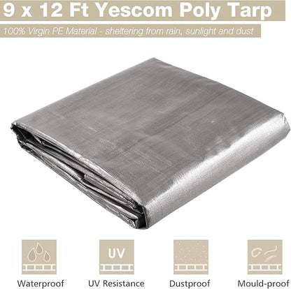 Yescom 9x12ft Heavy Duty Reinforced Poly Tarp Waterproof Tarpaulin 10-mil Ground Sheet Camping Tent Cover with Eyelets Reversible Silver Black Tarps