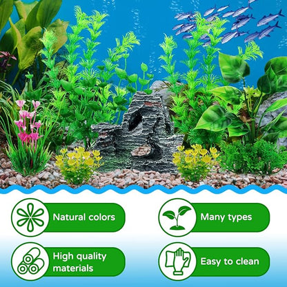 Fish Tank Accessories Artificial Plants, 9pcs Green Aquarium Decorations Plants and Cave Rock Decor Set, Aquarium Decor Plastic Plants