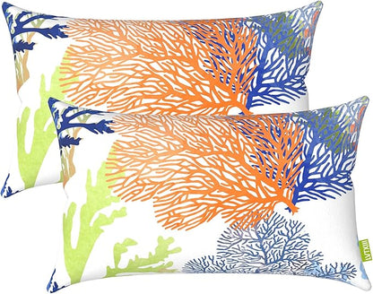 LVTXIII 12×20 Inch Outdoor Lumbar Pillows, Pack of 2 Water Repellent Lumbar Pillow with Inserts, Fluffy Decorative Garden Lumbar Cushions for Home Patio Coach Sofa Use, Coral Multi