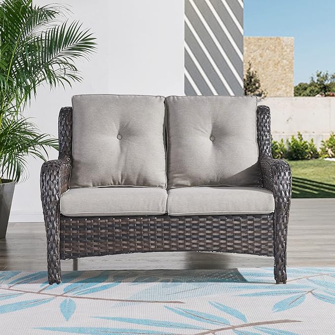 HUMMUH Outdoor Loveseat Sofa 2-Seat PE Rattan Patio Love Seat with Cushions,Deep Seat High Curved Back Armset Sectional Couch for Patio,Garden,Yard,Porch
