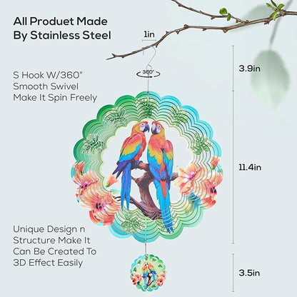 Parrot Ornaments, 12 Inches 3D Aluminum Metal Hanging Wind Spinners, for Garden Decor That Spins with The Help of Wind Energy.