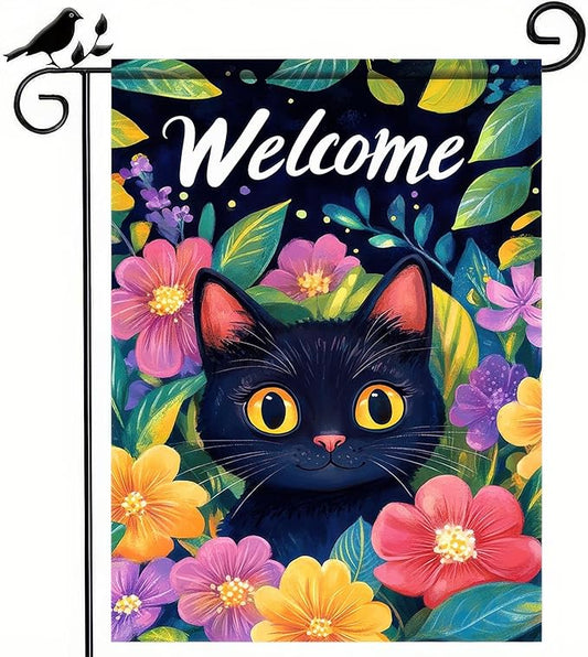 Welcome Spring Garden Flag 12x18 InchDouble Sided Hello Spring Black Cat Outdoor Yard Decoration Summer Farmhouse Holiday Yard Flag Floral Design Spring Home Decor Flags