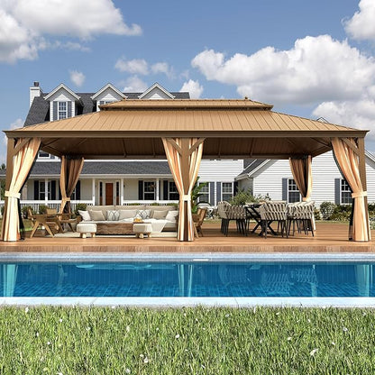 EROMMY 14'x24' Hardtop Gazebo Double Roof Galvanized Steel Outdoor Gazebos with Aluminum Frame, Netting and Curtains, Permanent Metal Pavilion for Patio Backyard Deck and Lawns