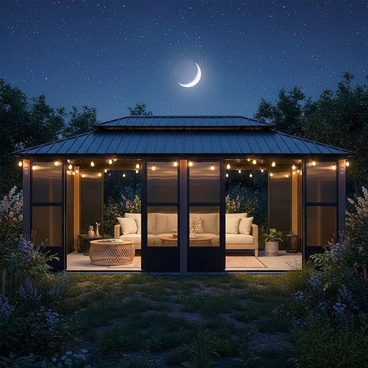 PURPLE LEAF 12' X 20' Sunroom Patio Hardtop Gazebo Double Top Galvanized Steel Screen House Aluminum Sun Room Outdoor Solarium for Garden Backyard and 36 Solar String Light