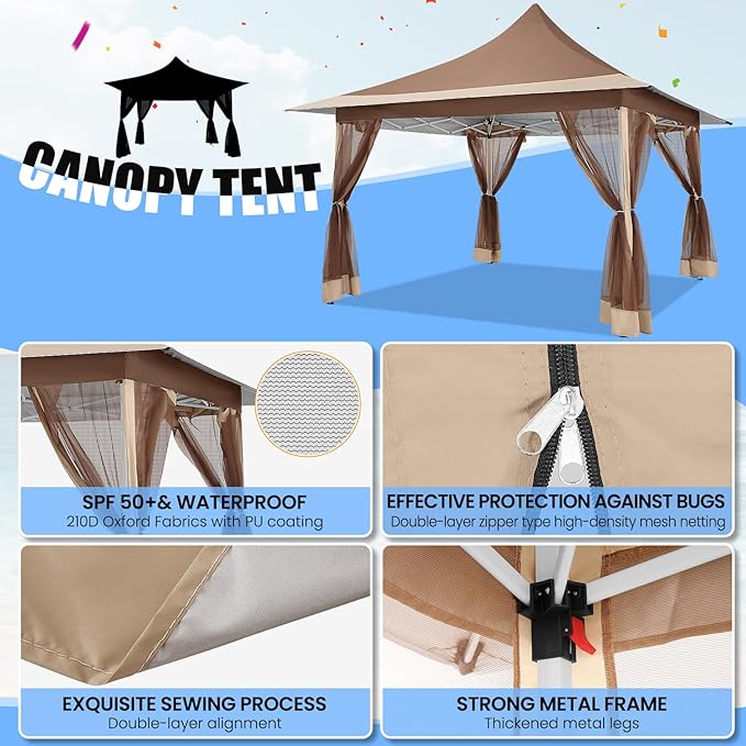 COBIZI 12x12 Pop up Canopy Gazebo on Clearance, Outdoor Canopy Tent with Mosquito Netting & Waterproof Roof & Sandbags & Carrying Bag,Patio Portable Gazebo for Garden,for Backyard,Brown