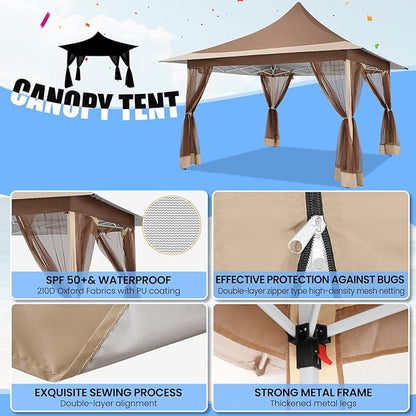 COBIZI 12x12 Pop up Canopy Gazebo on Clearance, Outdoor Canopy Tent with Mosquito Netting & Waterproof Roof & Sandbags & Carrying Bag,Patio Portable Gazebo for Garden,for Backyard,Brown