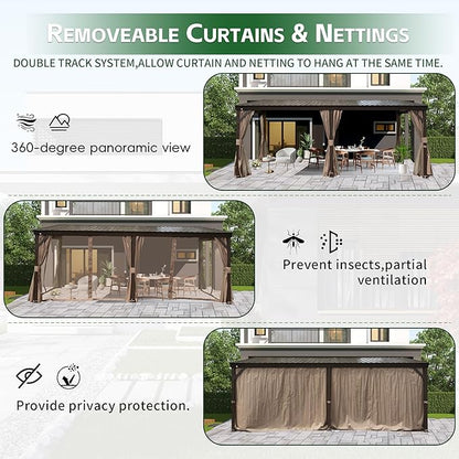 12’ x 20’ Lean to Gazebo, Outdoor Wall Mounted Gazebo Aluminum Frame, Hardtop Pergola with Galvanized Steel Sloping Roof for Patio Deck Garden Backyard, Curtain and Netting Included
