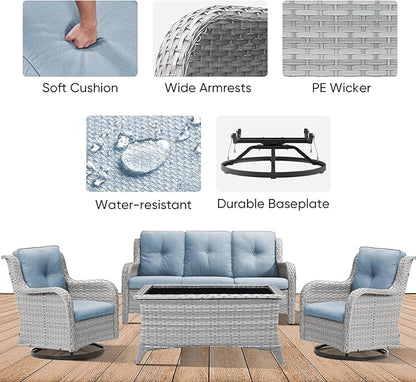 Patio Furniture 4 Piece, All-Weather PE Wicker Outdoor Furniture Set with Coffee Table,Outdoor Patio Furniture with Swivel Rocker Chairs and Outdoor Sofa, White Grey/Blue