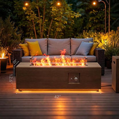 42" Outdoor Fire Pit Table, 50,000 BTU Gas Fire Pit with Glass Wind Guard, Fire Stones, Waterproof Cover, Propane Fire Pit Table for Outside Patio (Warm Light, Brown)