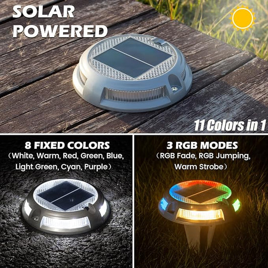 SIEDiNLAR Solar Driveway Lights Outdoor 16 LEDs 9 Modes, Dock Markers Deck Lights Waterproof Warning for Driveway Walkway Pathway Step Ground Yard Garden, RGB (4 Pack)