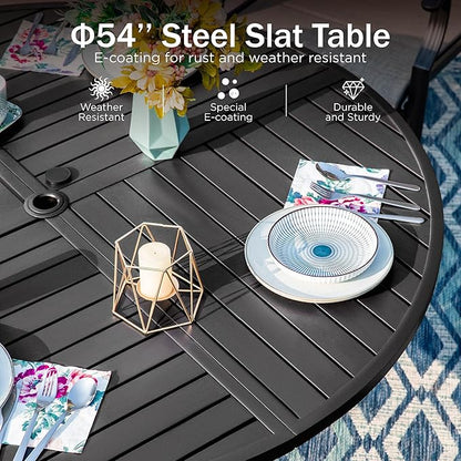 PHI VILLA 7 Pieces Outdoor Dining Set for 6, Round Metal Steel Table with Umbrella Hole & Swivel Wrought Iron Chairs with Cushions, Large Modern Furniture for Patio, Deck, Backyard, Porch