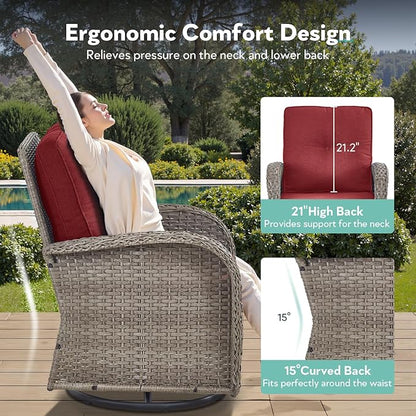 5 Piece Patio Furniture Set with Fire Pit Table - Wicker Patio Conversation Set with Swivel Glider, 3-Seat Sofa, Tempered Glass Side Table for Deck Backyard - Grey Wicker Red Cushion