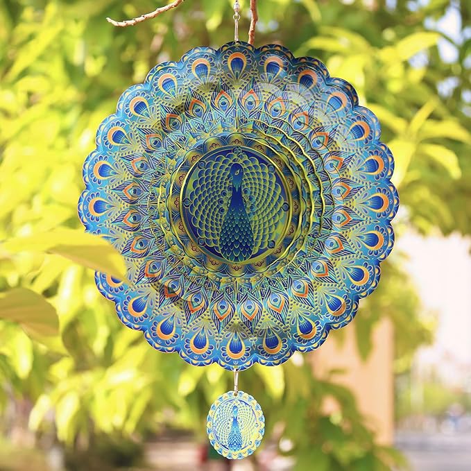 Peacock Wind Spinner Outdoor 3D Stainless Steel Garden Hanging Decorations Outdoor, 12 inch Metal Wind Spinners Clearance, Wind Kinetic Sculpture Yard Art Decor Gift for Women Men