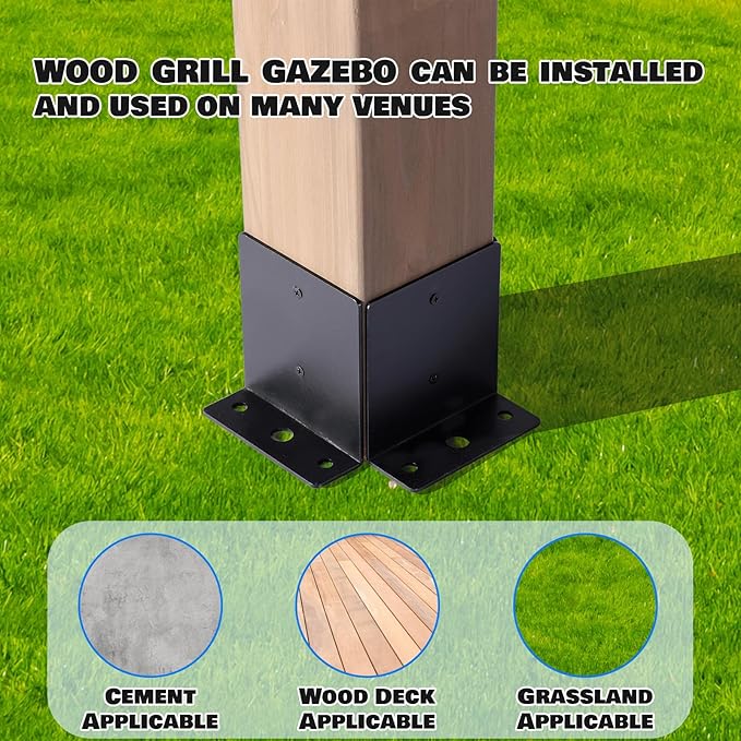 8x6 FT Wood Grill Gazebos, BBQ Wooden Gazebo with Hardtop Sloping Steel Roof, Wood Outdoor Pavilion with 2 Side Storage Shelves,Cedar Frame Patio Gazebo for Barbecue, Garden, Deck (Grey)