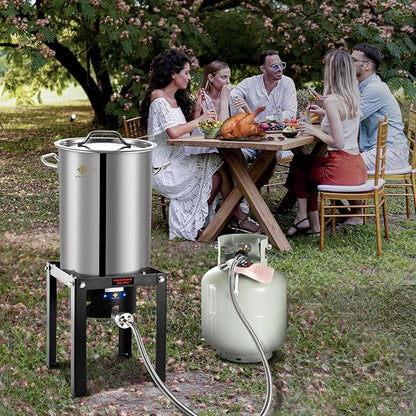 ARC 32QT Turkey Fryer Stainless Steel Stock Pot & 55,000 BTU Propane Burner Outdoor Deep Fryer, Stainless Steel Crawfish Boil Pot with Basket and Steamer Rack