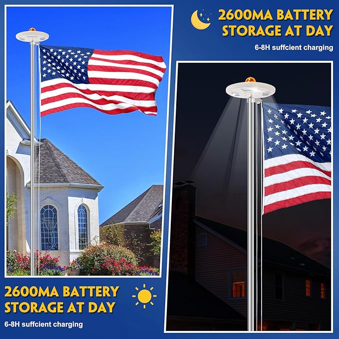 25FT Sliver Heavy Duty Flag Pole Kit with 3x5 Ft American Flag & Solar Light - 12 Gauge Aluminum Tubing, Resistance High Winds, Hardware Flagpole Set for Residential Commercial Outdoor Ready