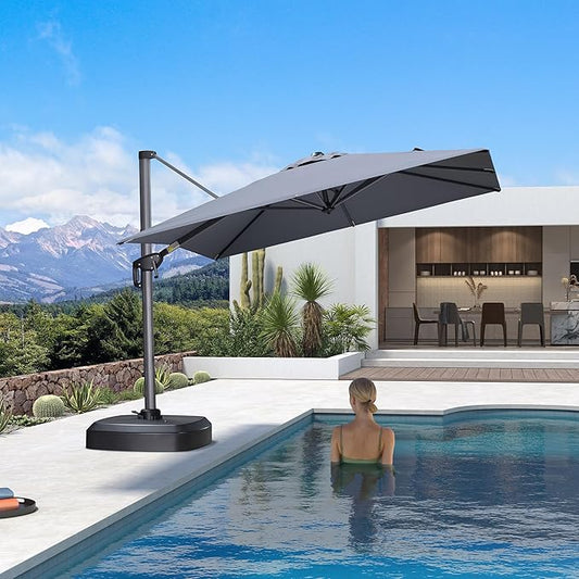 PURPLE LEAF 8' X 8' Patio Umbrella with Wheeled Base for Pool 7' High Offset Outdoor Cantilever Umbrella Swimming Pool Umbrella with 360°Rotation for Poolside Light Grey